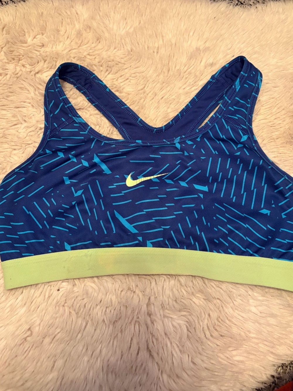 Nike Blue Patterned Racerback Sports Bra with Lime Band